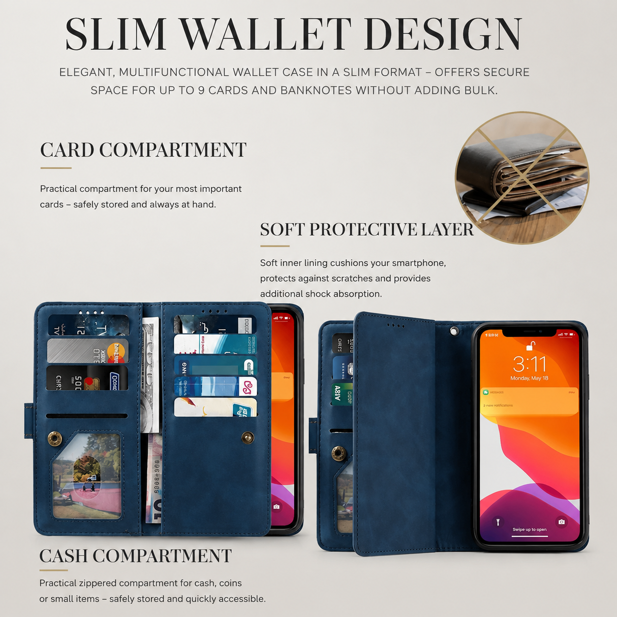 Premium Luxury iPhone Case MagSafe Compatible Flip Wallet Leather Cover Zipper Card Holder Strap Kickstand Shockproof Camera Protection Design Finish