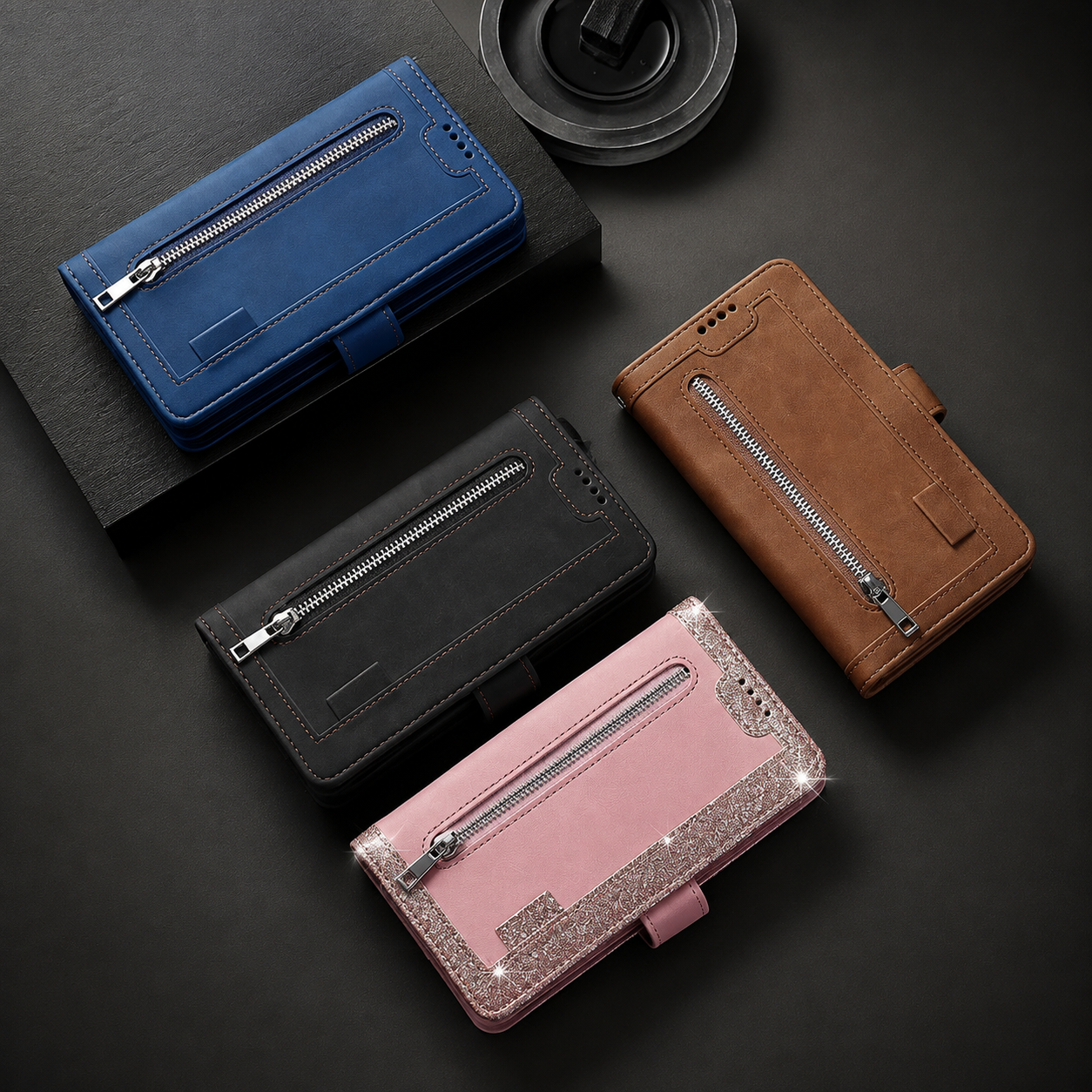 Premium Luxury iPhone Case MagSafe Compatible Flip Wallet Leather Cover Zipper Card Holder Strap Kickstand Shockproof Camera Protection Design Finish