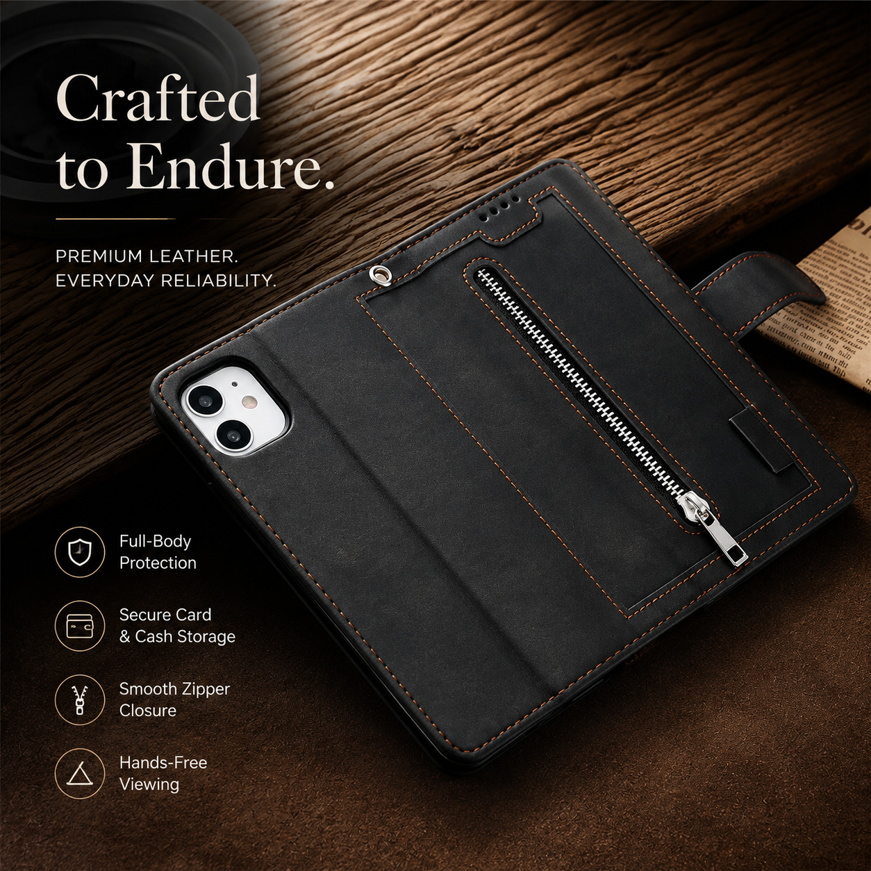Premium Luxury iPhone Case MagSafe Compatible Flip Wallet Leather Cover Zipper Card Holder Strap Kickstand Shockproof Camera Protection Design Finish