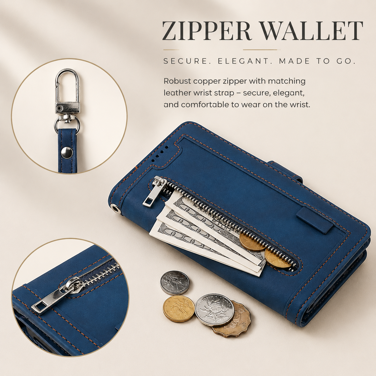 Premium Luxury iPhone Case MagSafe Compatible Flip Wallet Leather Cover Zipper Card Holder Strap Kickstand Shockproof Camera Protection Design Finish