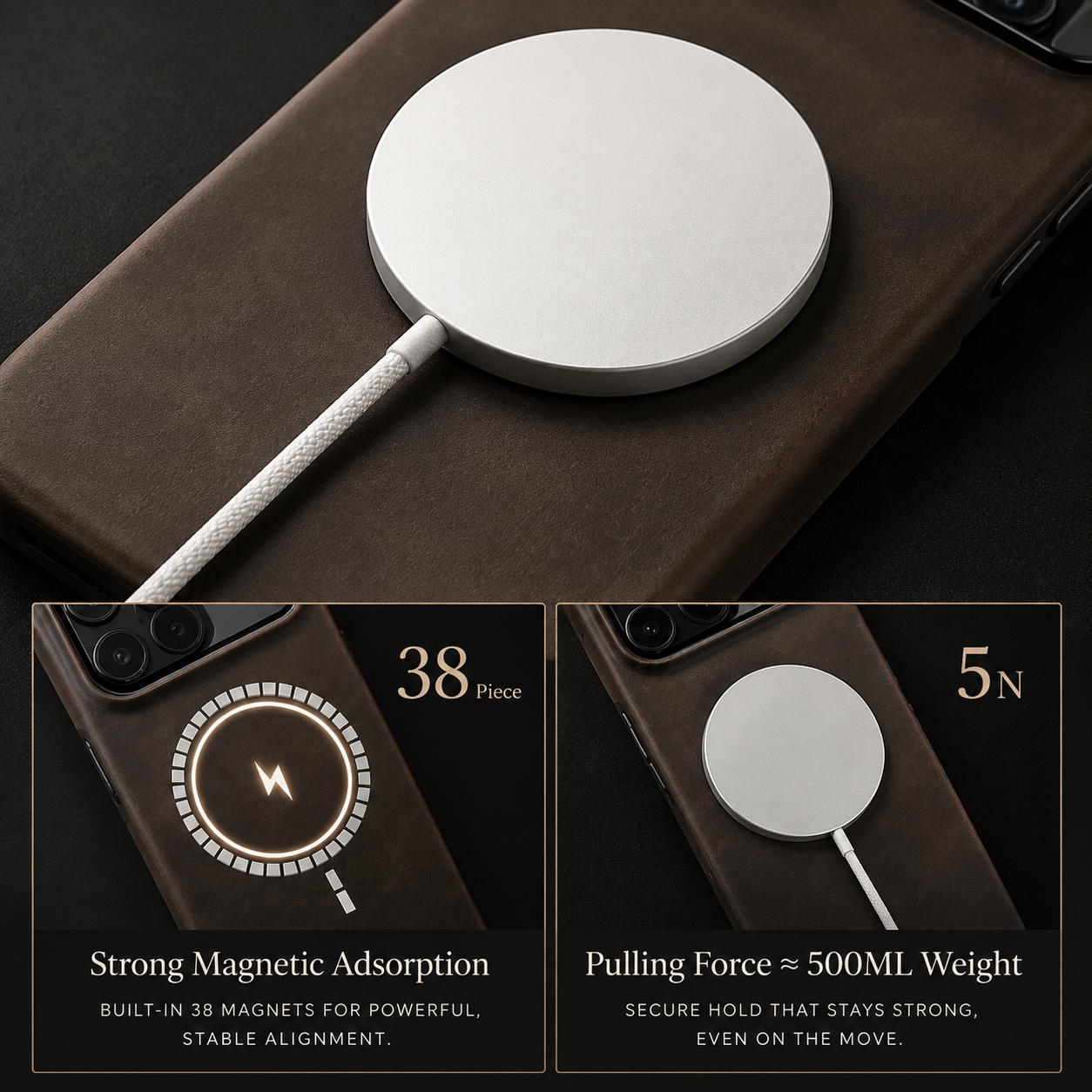 Premium Luxury iPhone Case MagSafe Compatible Genuine Cowhide Leather Pull Up Cover Retro Magnetic Shockproof Full Back Protective Durable Design