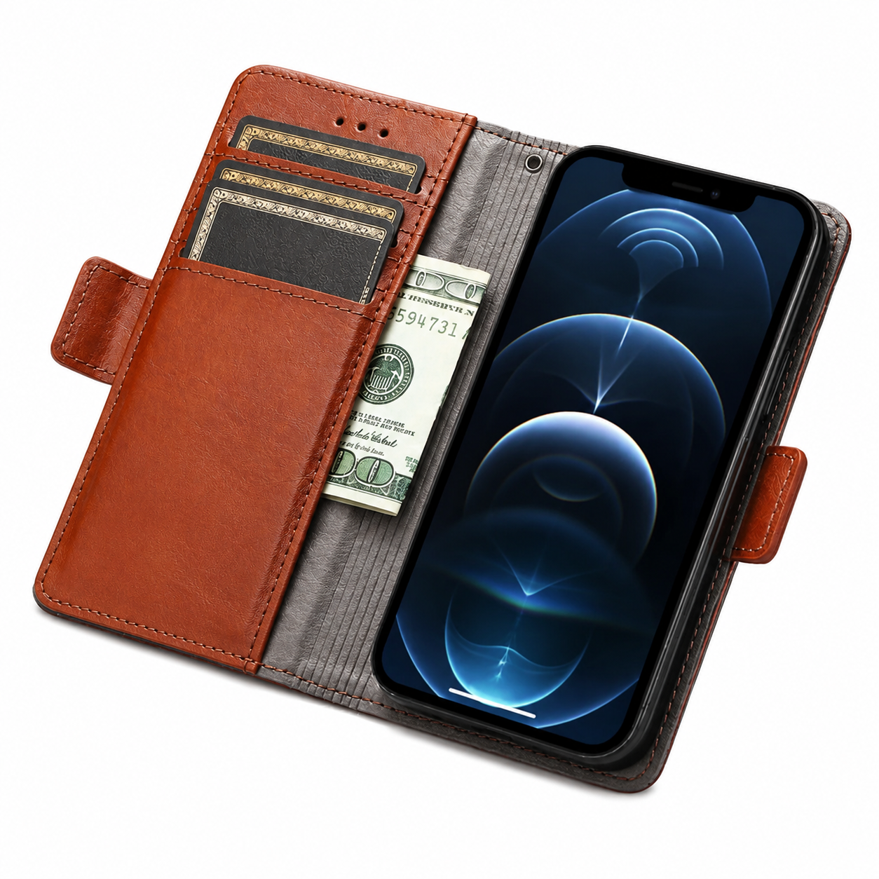 Premium Luxury iPhone Case MagSafe Compatible Genuine Leather Flip Wallet Cover Card Holder Magnetic Closure Shockproof Camera Protection Slim Design Finish