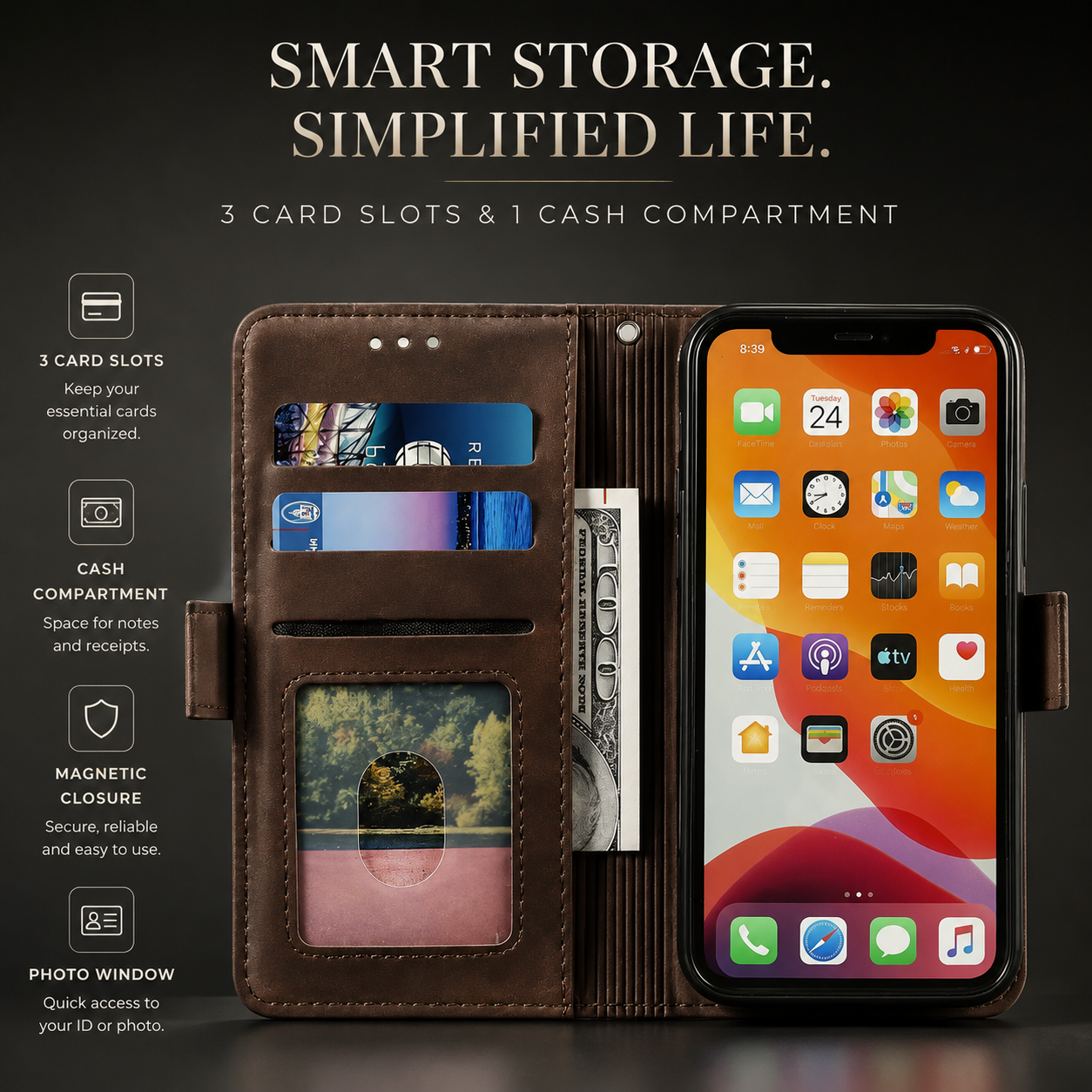 Premium Luxury iPhone Case MagSafe Compatible Genuine Leather Flip Wallet Cover Card Holder Magnetic Closure Shockproof Camera Protection Slim Design Finish