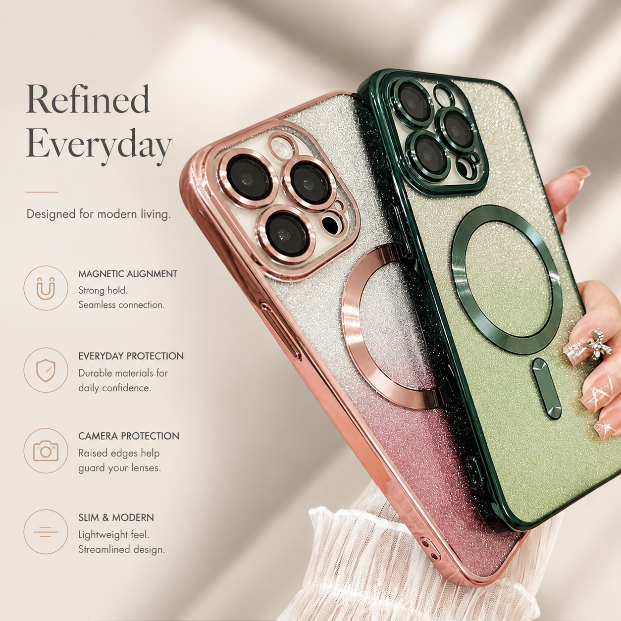 Premium Luxury iPhone Case MagSafe Compatible Gradient Glitter Crossbody Strap TPU Cover Camera Lens Protection Shockproof Slim Design Finish
