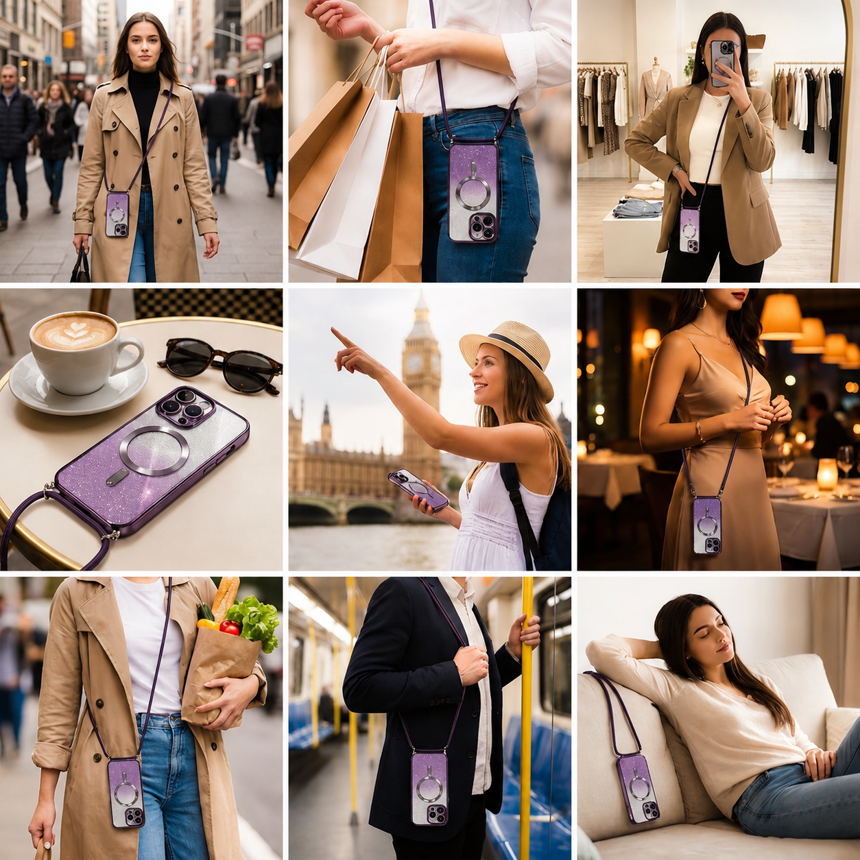 Premium Luxury iPhone Case MagSafe Compatible Gradient Glitter Crossbody Strap TPU Cover Camera Lens Protection Shockproof Slim Design Finish