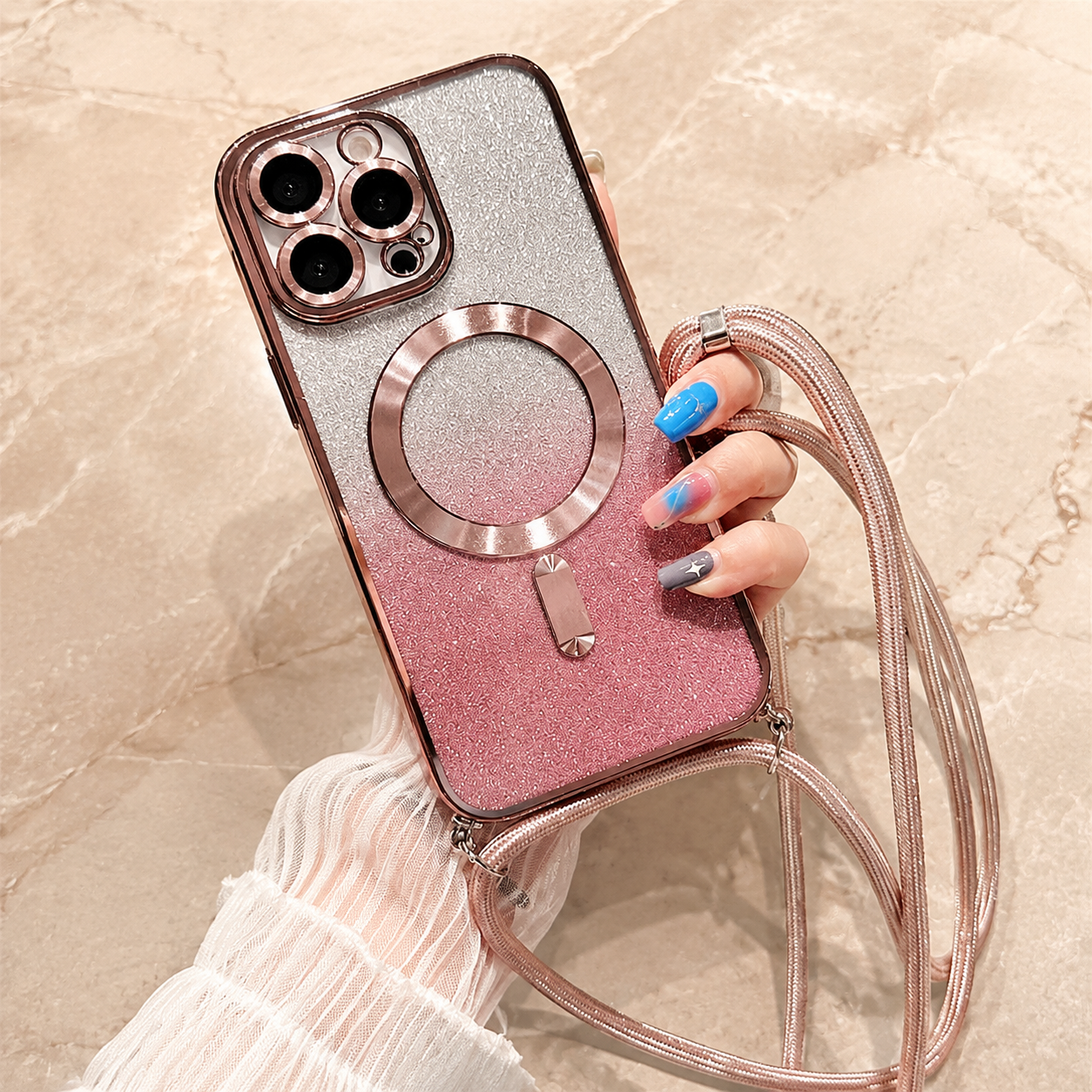 Premium Luxury iPhone Case MagSafe Compatible Gradient Glitter Crossbody Strap TPU Cover Camera Lens Protection Shockproof Slim Design Finish