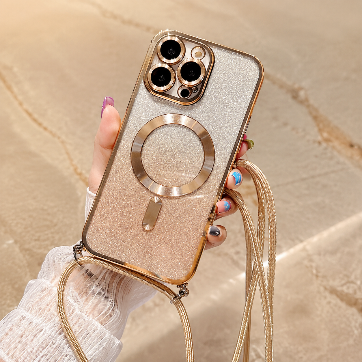 Premium Luxury iPhone Case MagSafe Compatible Gradient Glitter Crossbody Strap TPU Cover Camera Lens Protection Shockproof Slim Design Finish