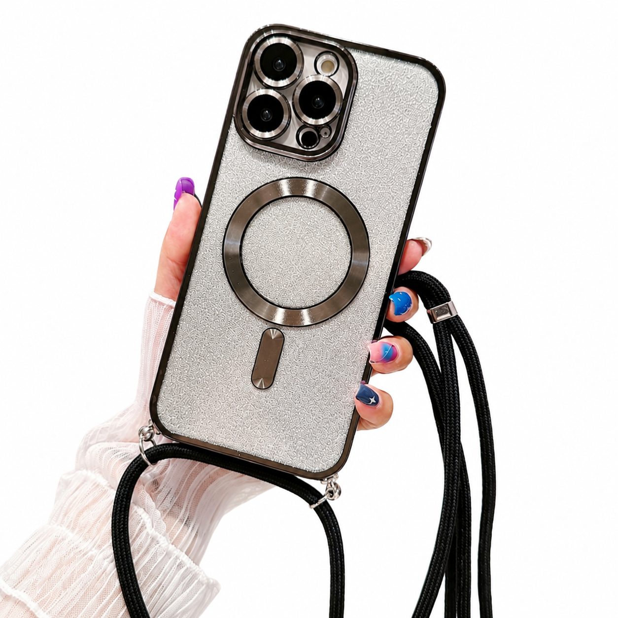 Premium Luxury iPhone Case MagSafe Compatible Gradient Glitter Crossbody Strap TPU Cover Camera Lens Protection Shockproof Slim Design Finish