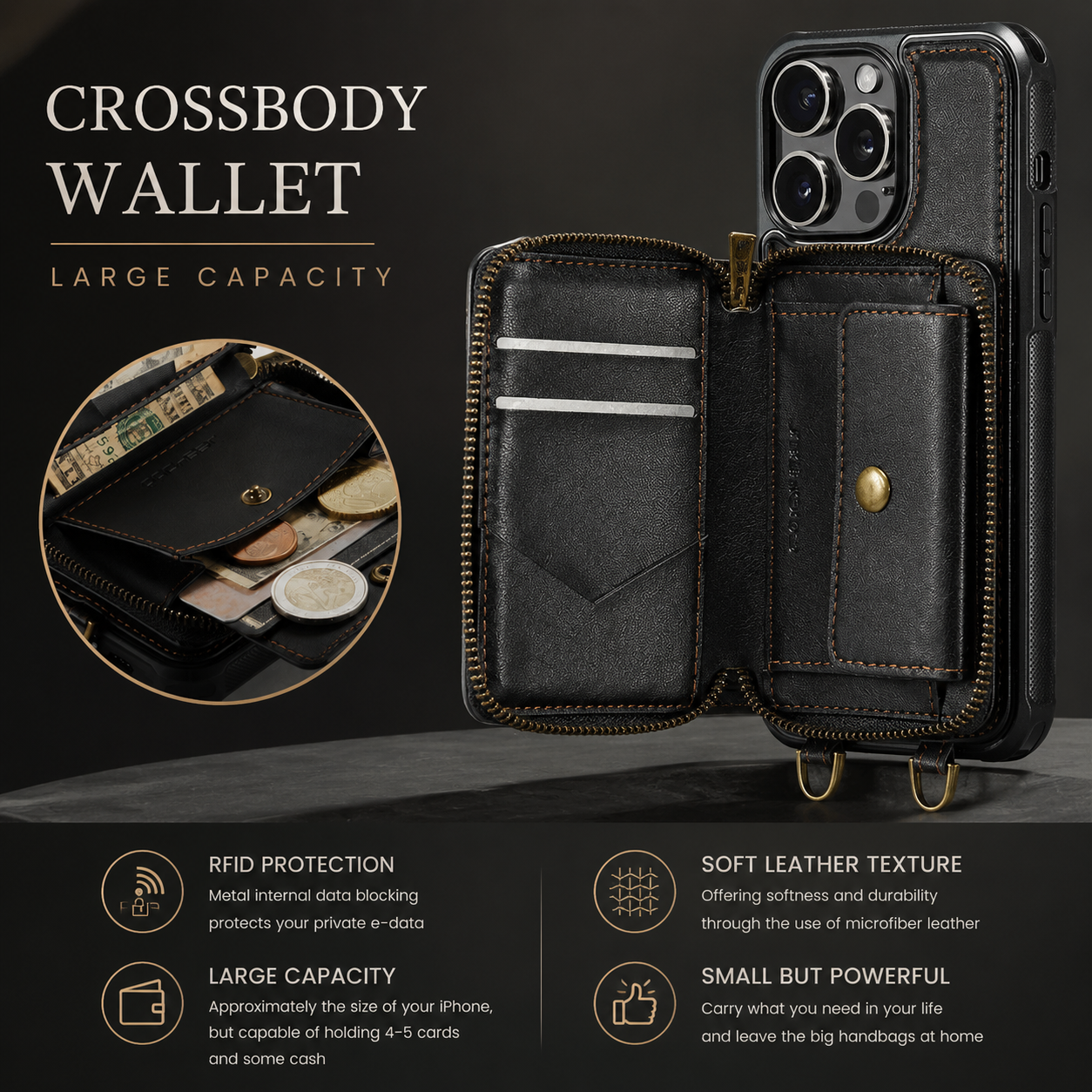 Premium Luxury iPhone Case MagSafe Compatible Leather Crossbody Wallet Cover Card Holder Strap Stand Shockproof Full Body Protection Slim Design Finish
