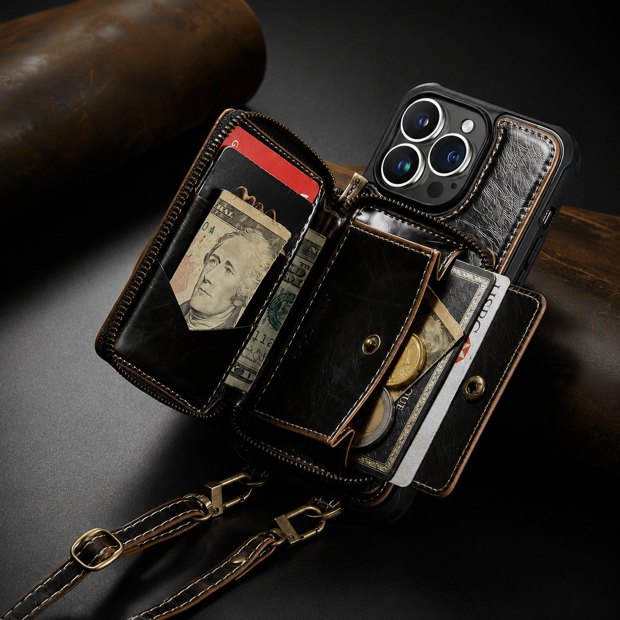 Premium Luxury iPhone Case MagSafe Compatible Leather Crossbody Wallet Cover Card Holder Strap Stand Shockproof Full Body Protection Slim Design Finish