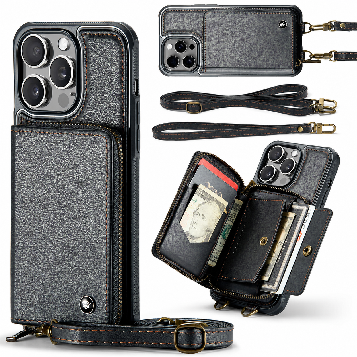 Premium Luxury iPhone Case MagSafe Compatible Leather Crossbody Wallet Cover Card Holder Strap Stand Shockproof Full Body Protection Slim Design Finish