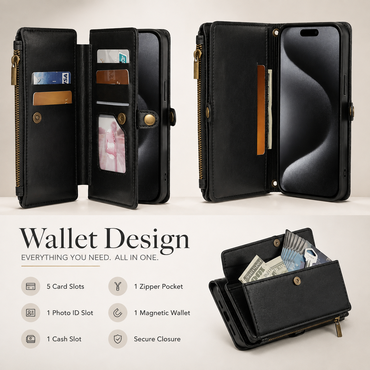 Premium Luxury iPhone Case MagSafe Compatible Leather Wallet Cover Card Holder Magnetic Closure Shockproof Camera Protection Slim Design Finish