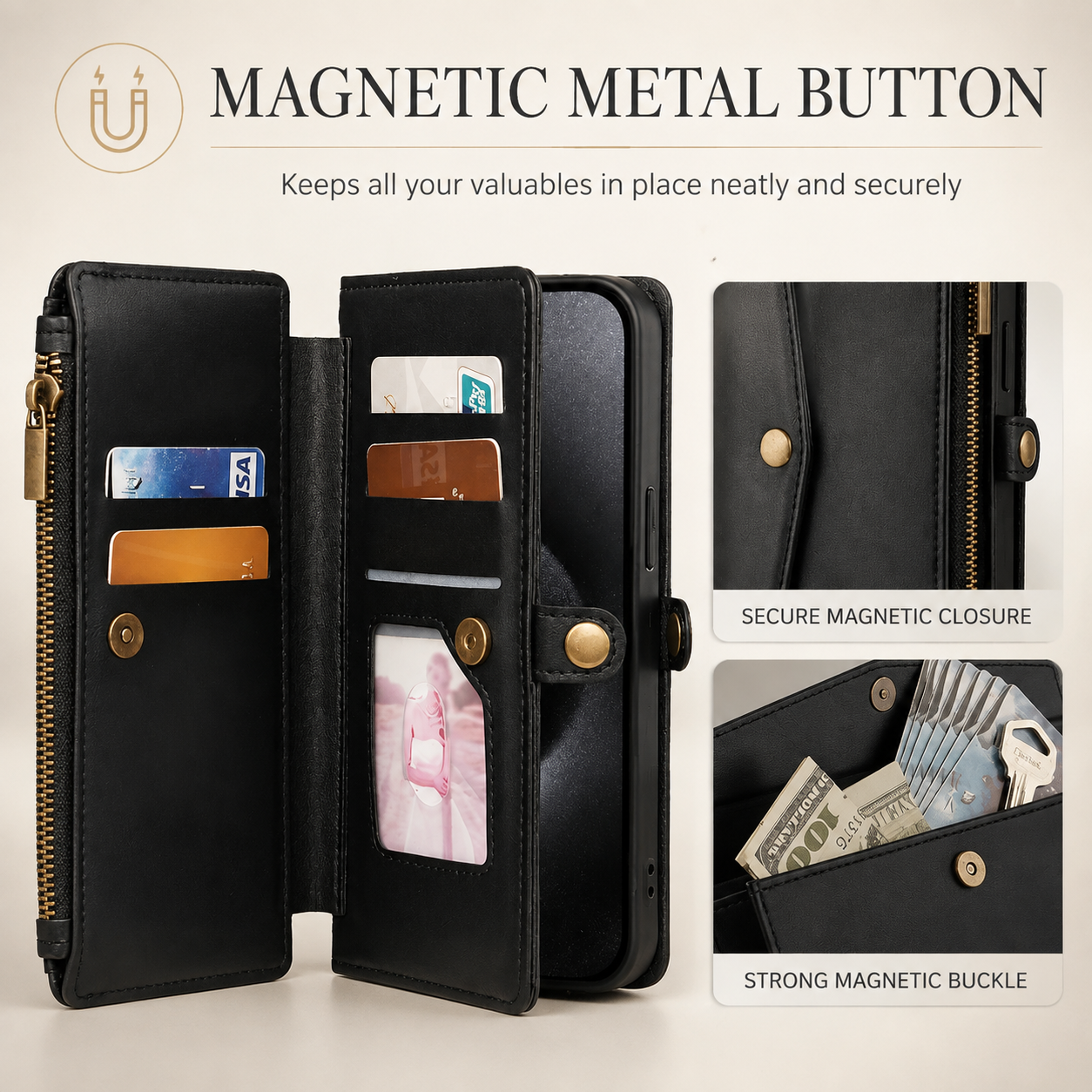 Premium Luxury iPhone Case MagSafe Compatible Leather Wallet Cover Card Holder Magnetic Closure Shockproof Camera Protection Slim Design Finish
