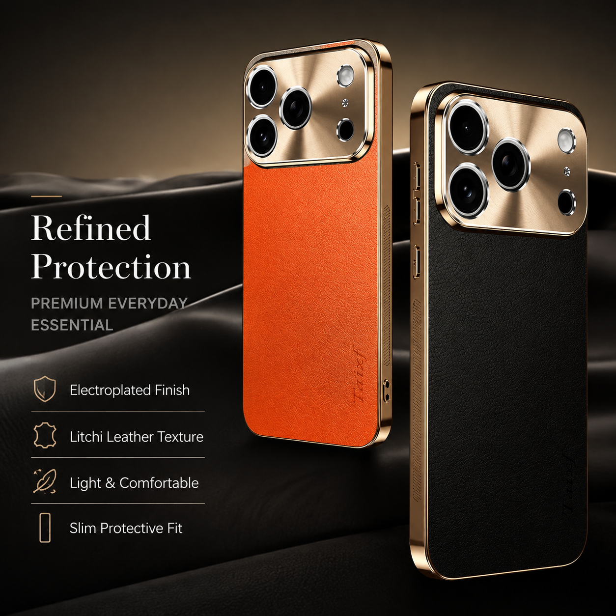 Premium Luxury iPhone Case MagSafe Compatible Lychee Texture Leather Cover Electroplated Frame Shockproof Camera Protection Full Coverage Slim Design Finish