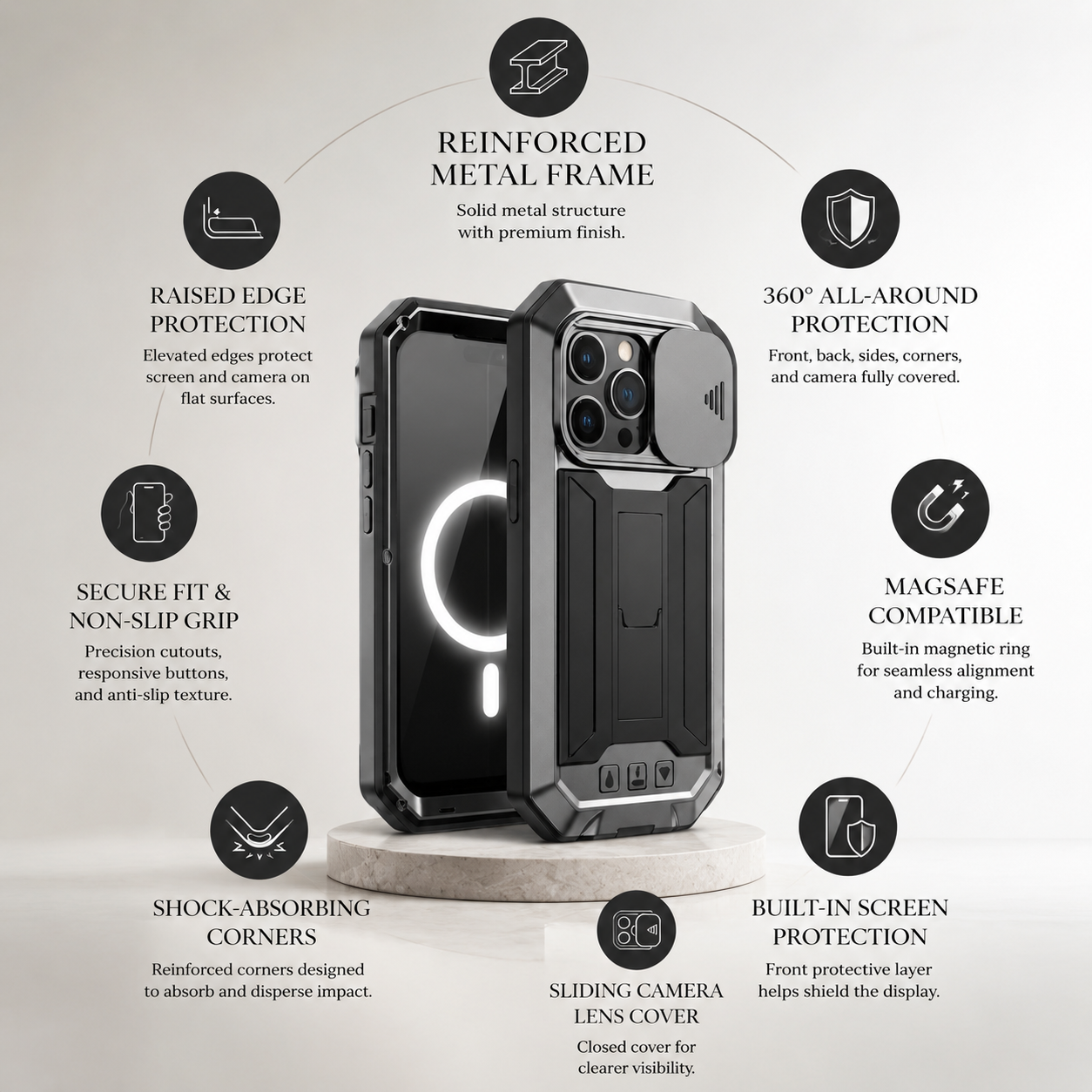 Premium Luxury iPhone Case MagSafe Compatible Military Metal Armor Cover Slide Camera Protector Tempered Glass Screen Shockproof Full Body Waterproof Rugged Design