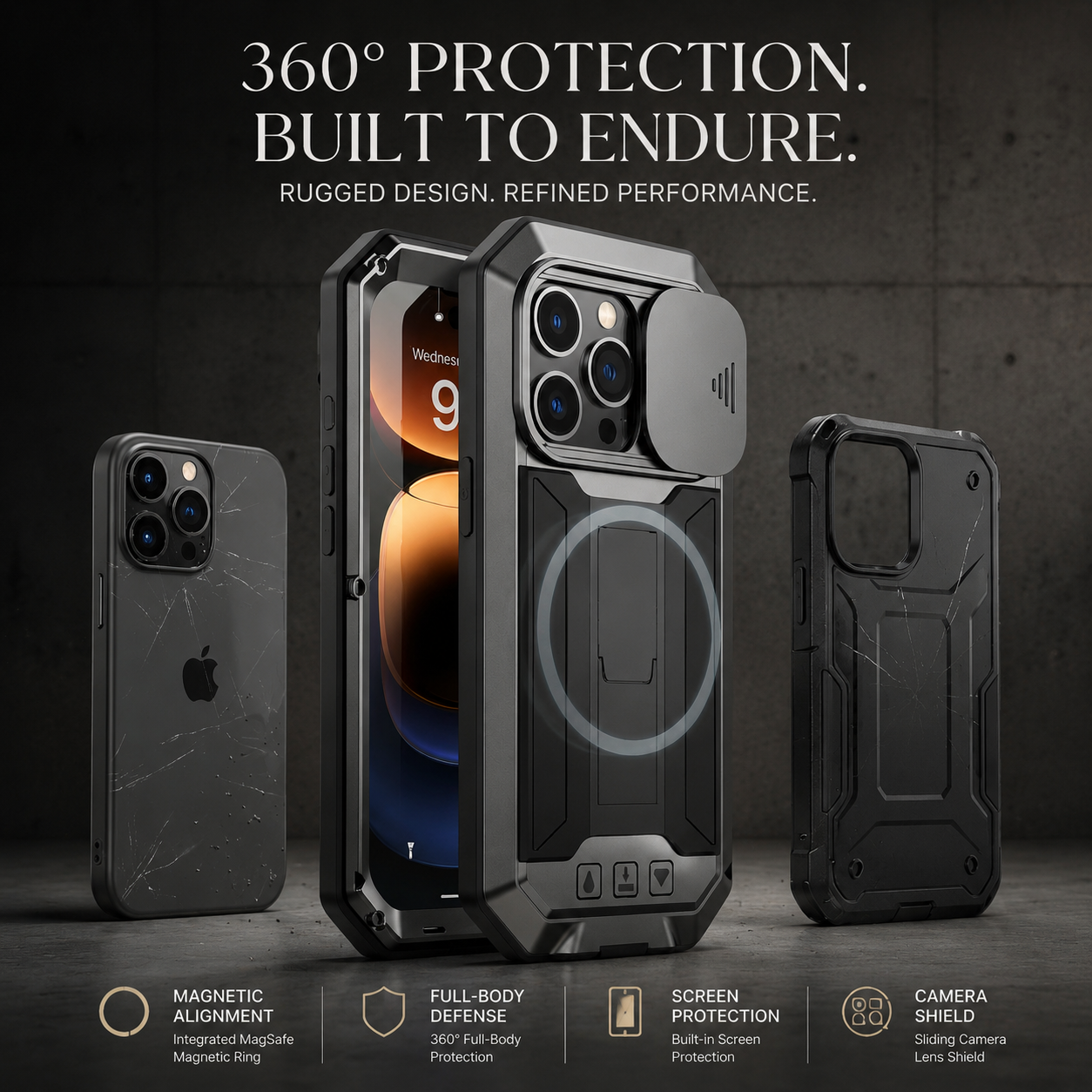 Premium Luxury iPhone Case MagSafe Compatible Military Metal Armor Cover Slide Camera Protector Tempered Glass Screen Shockproof Full Body Waterproof Rugged Design