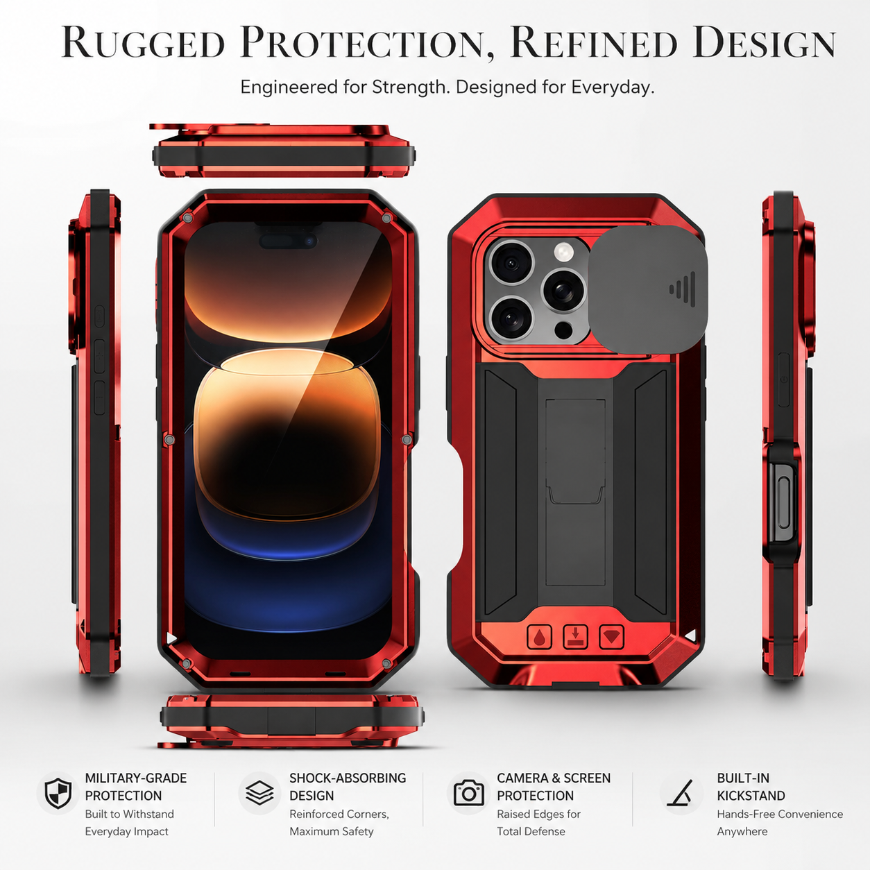 Premium Luxury iPhone Case MagSafe Compatible Military Metal Armor Cover Slide Camera Protector Tempered Glass Screen Shockproof Full Body Waterproof Rugged Design