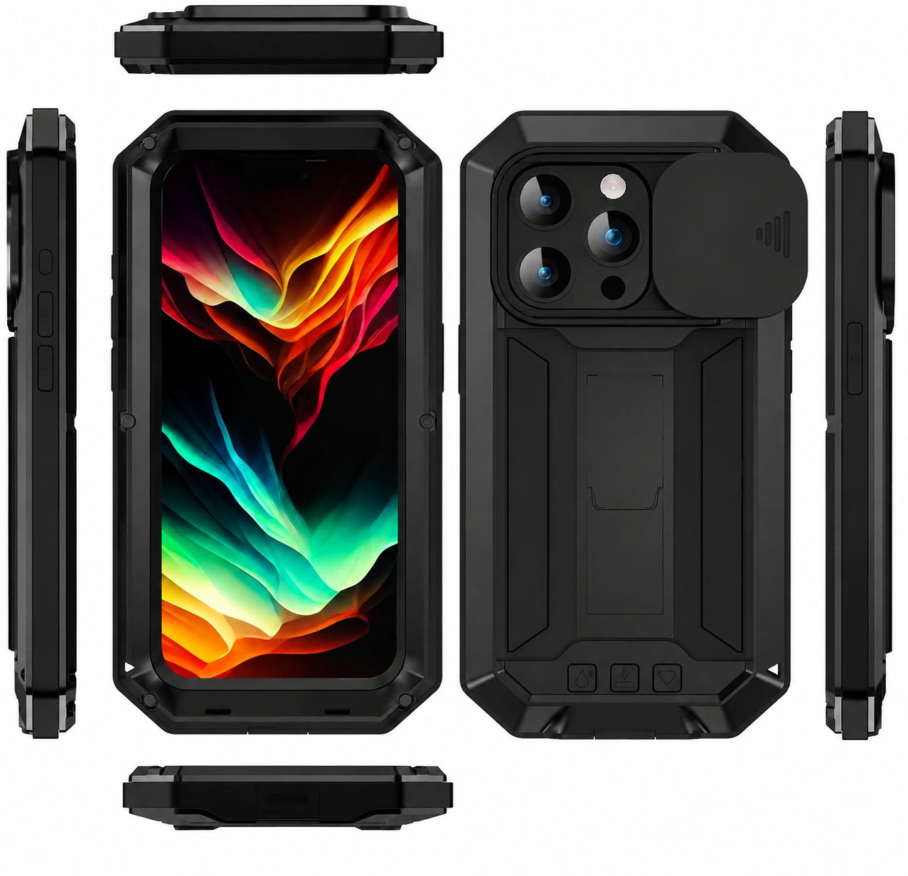 Premium Luxury iPhone Case MagSafe Compatible Military Metal Armor Cover Slide Camera Protector Tempered Glass Screen Shockproof Full Body Waterproof Rugged Design