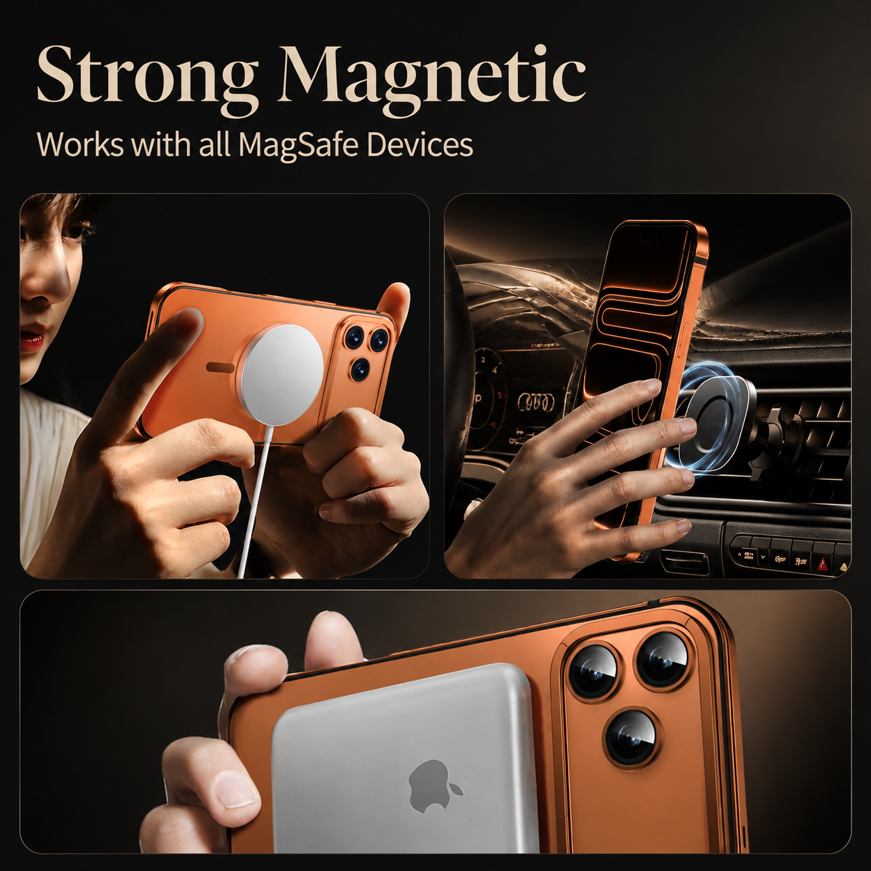 Premium Luxury iPhone Case MagSafe Compatible Orange Aluminum Alloy Cover Magnetic Glass Camera Protection Shockproof Matte Anti Scratch Protective Durable Design