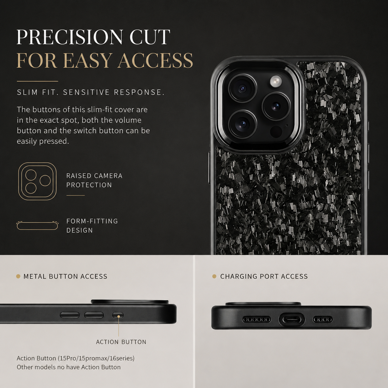 Premium Luxury iPhone Case MagSafe Compatible Real Forged Carbon Fiber Cover Metal Lens Button Shockproof Dual Layer Full Coverage Protective Design