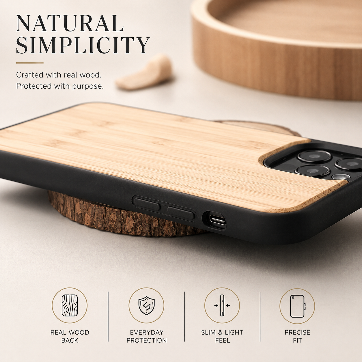 Premium Luxury iPhone Case MagSafe Compatible Solid Bamboo Wood Cover Hard Back Shockproof Camera Protection Slim Natural Design Finish