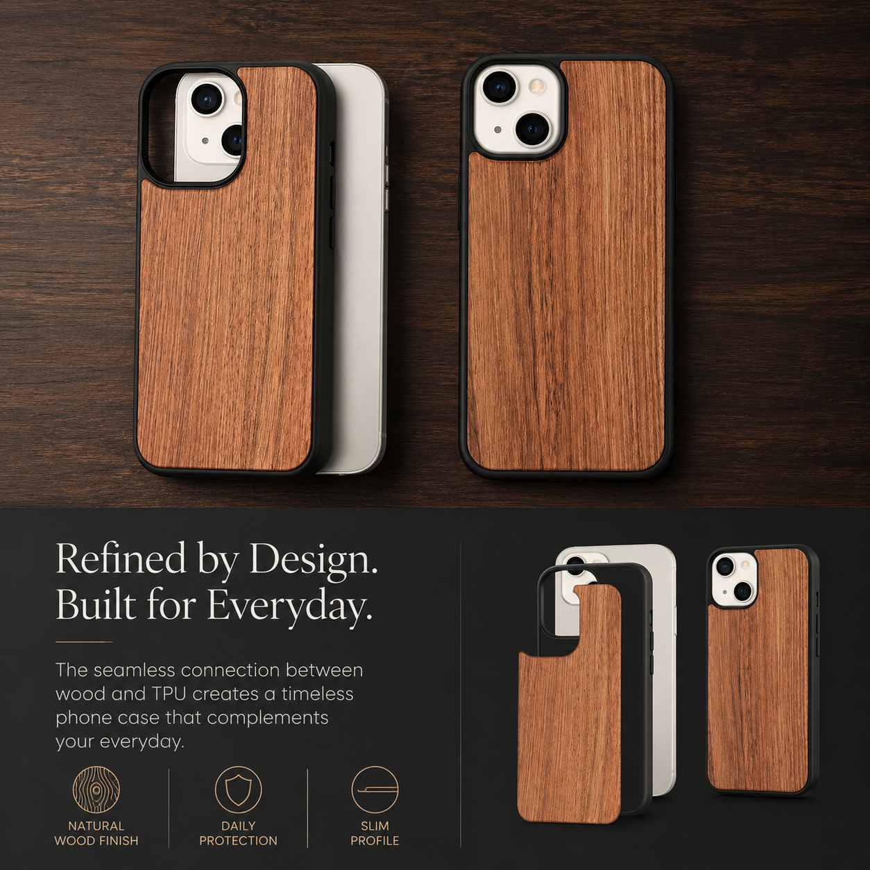 Premium Luxury iPhone Case MagSafe Compatible Solid Bamboo Wood Cover Hard Back Shockproof Camera Protection Slim Natural Design Finish