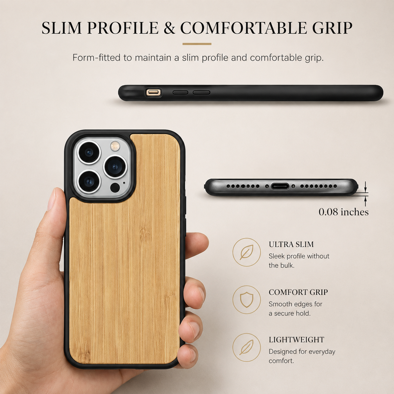 Premium Luxury iPhone Case MagSafe Compatible Solid Bamboo Wood Cover Hard Back Shockproof Camera Protection Slim Natural Design Finish