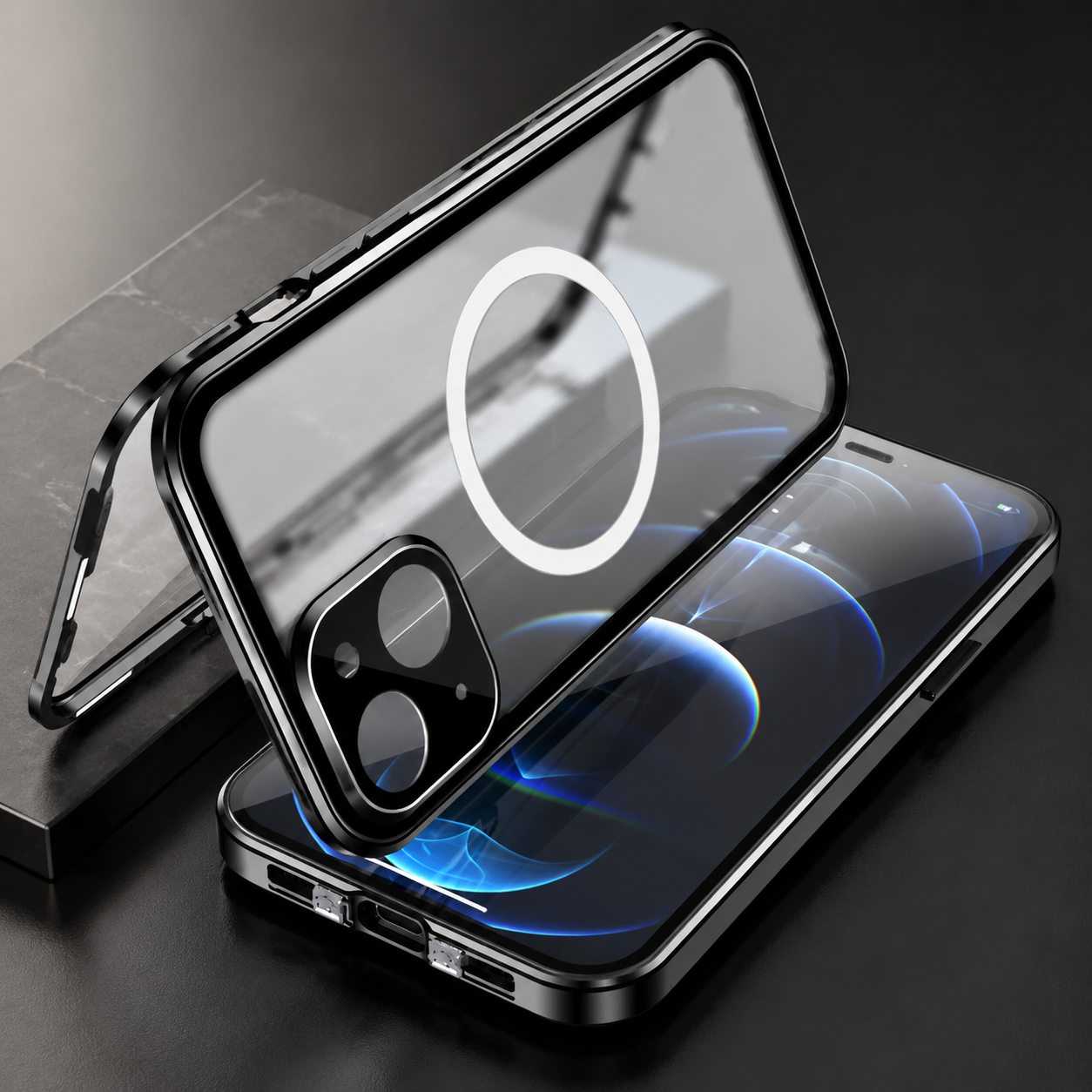 Premium Luxury iPhone Case MagSafe Compatible Transparent Aluminum Frame Tempered Glass Full Body Cover Shockproof Camera Protection Durable Design