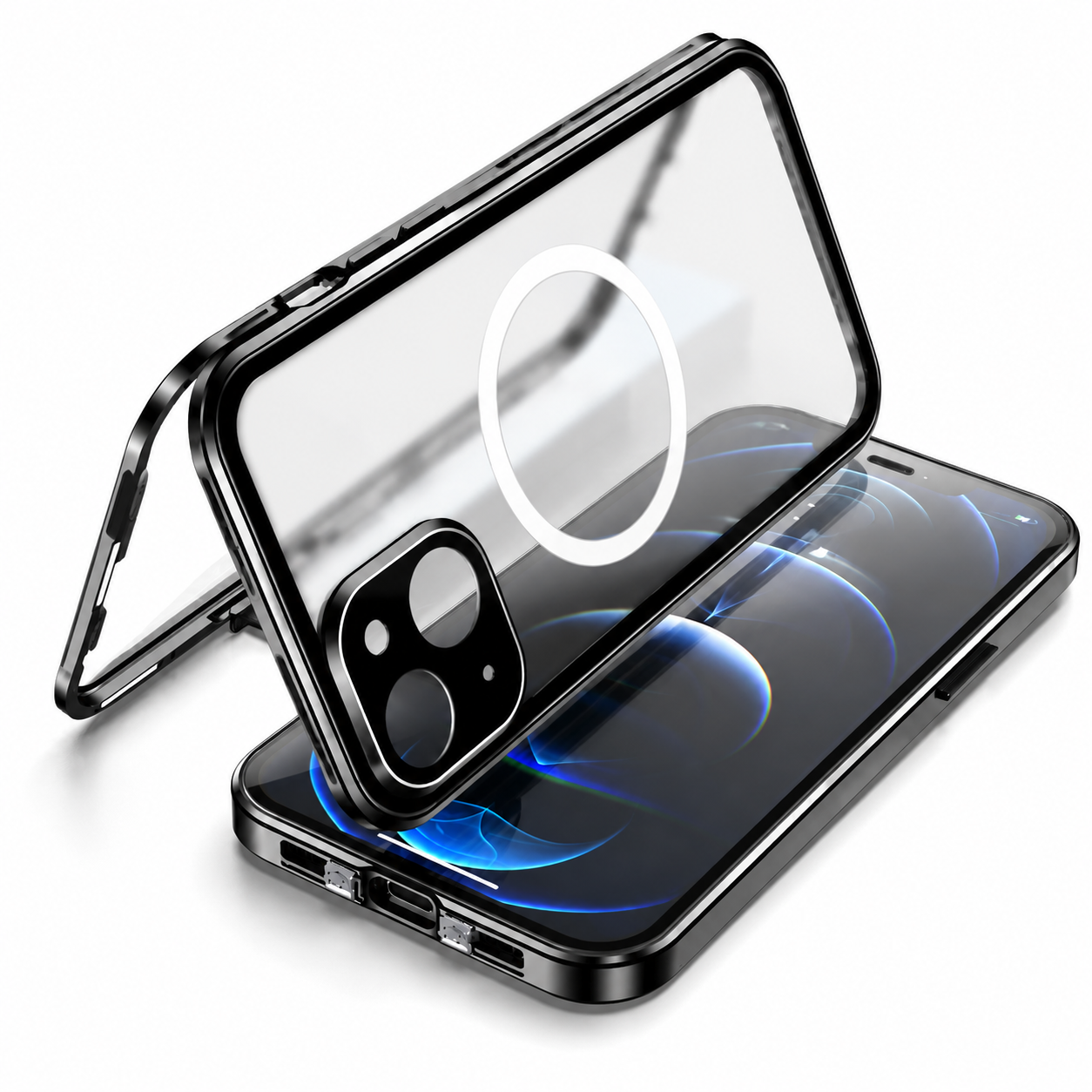 Premium Luxury iPhone Case MagSafe Compatible Transparent Aluminum Frame Tempered Glass Full Body Cover Shockproof Camera Protection Durable Design