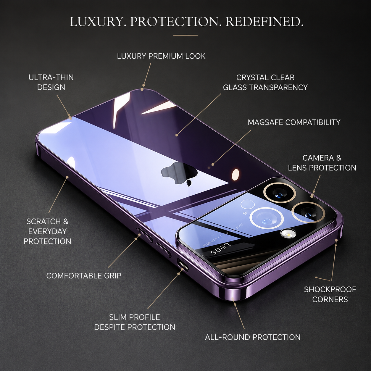 Premium Luxury iPhone Case MagSafe Compatible Transparent Clear Hard PC Back Silicone Bumper Shockproof Camera Lens Protection Ultra Thin Design Finish