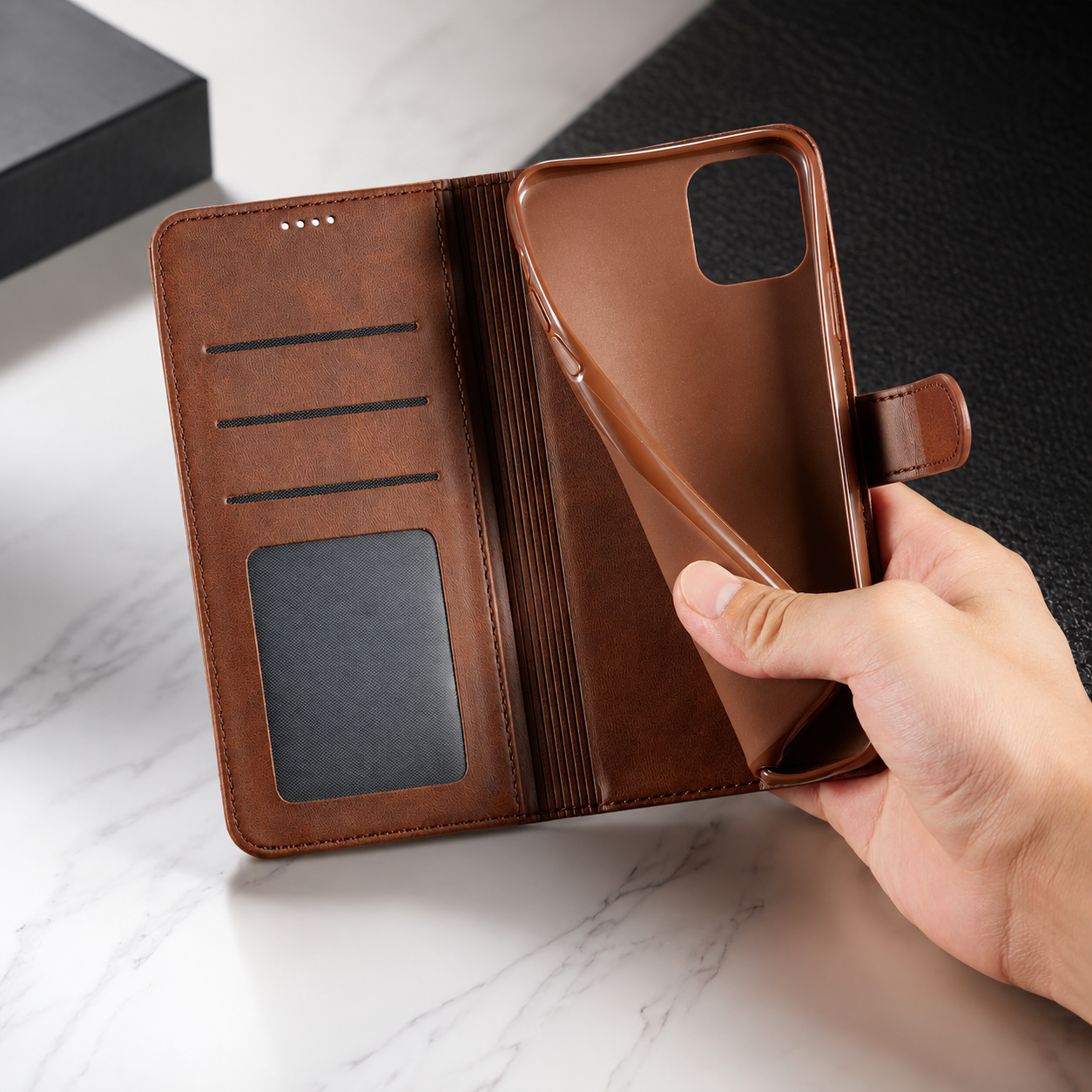 Premium Luxury iPhone Case PU Leather Wallet Flip Cover Card Slot Magnetic Closure Shockproof Full Body Protection Slim Elegant Design Finish