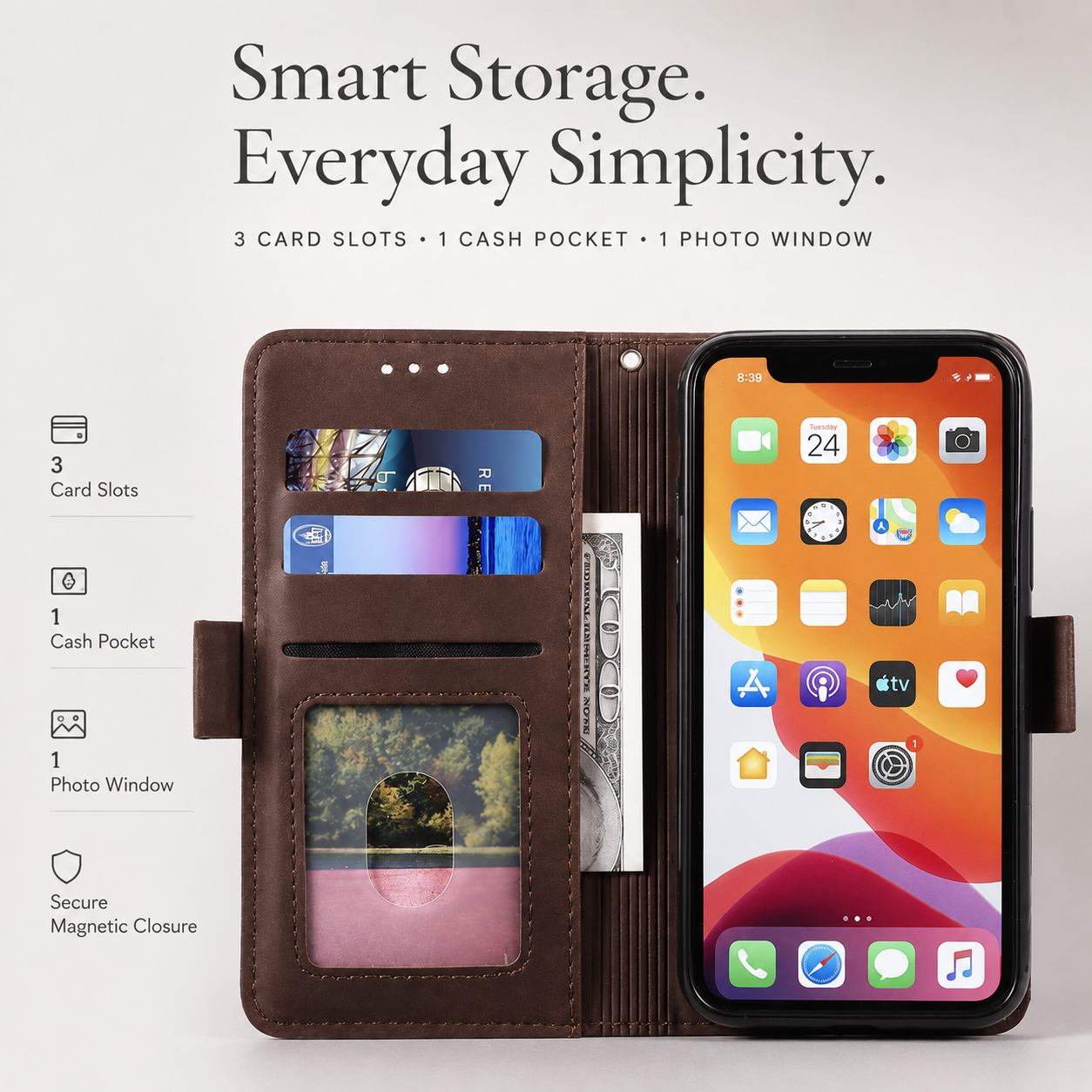 Premium Luxury iPhone Case PU Leather Wallet Flip Cover Card Slots Magnetic Closure Kickstand Shockproof Full Body Protection Slim Elegant Design Finish
