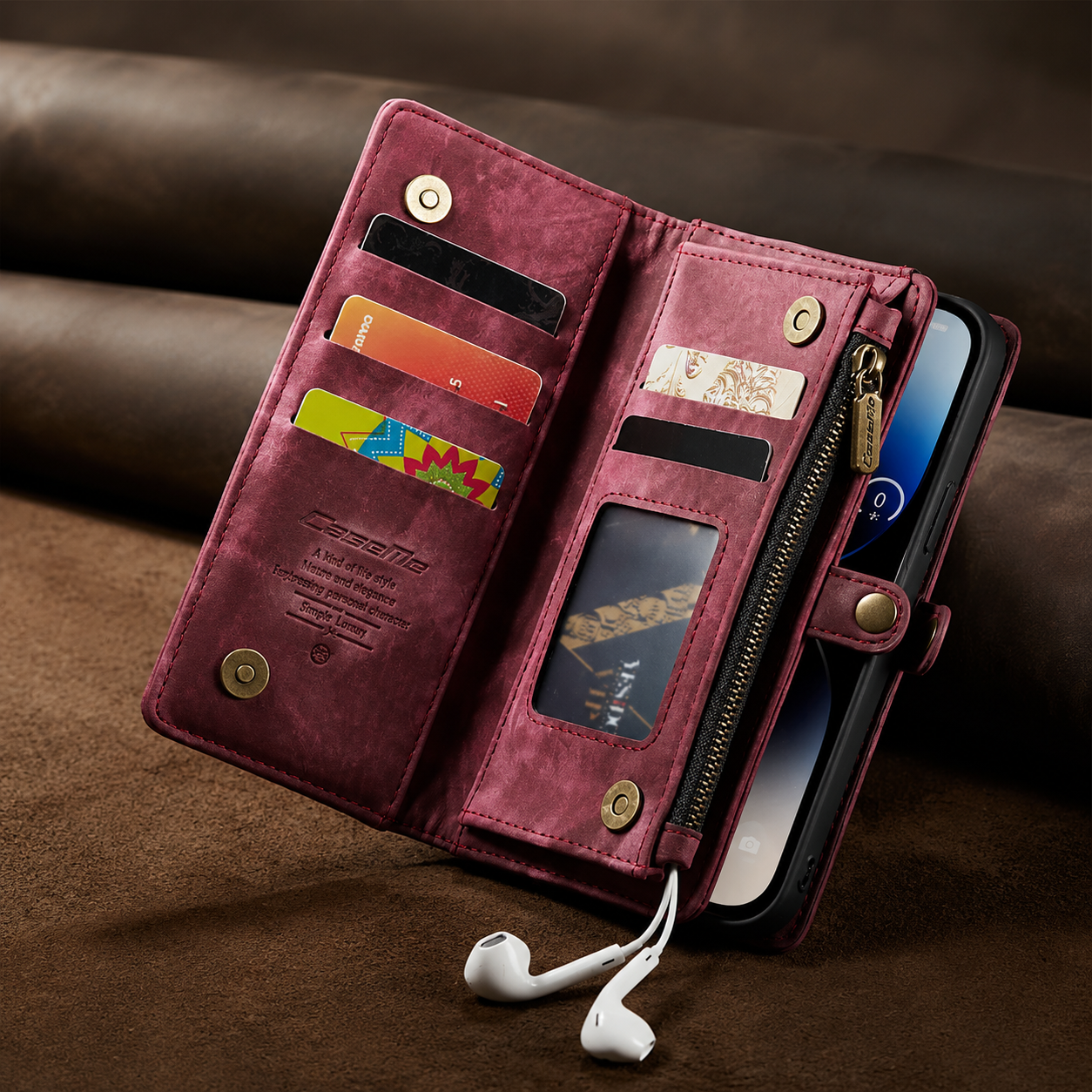 Premium Luxury iPhone Case Removable Magnetic Wallet Cover 8 Card Holder Metal Zipper Faux Leather Kickstand Lanyard Protective Durable Design