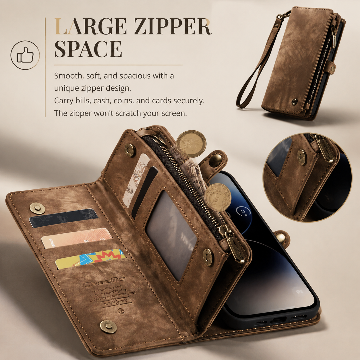 Premium Luxury iPhone Case Removable Magnetic Wallet Cover 8 Card Holder Metal Zipper Faux Leather Kickstand Lanyard Protective Durable Design