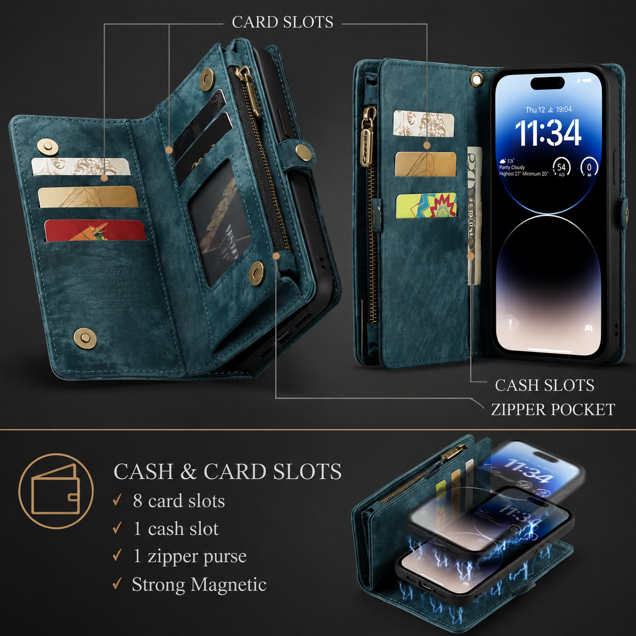 Premium Luxury iPhone Case Removable Magnetic Wallet Cover 8 Card Holder Metal Zipper Faux Leather Kickstand Lanyard Protective Durable Design