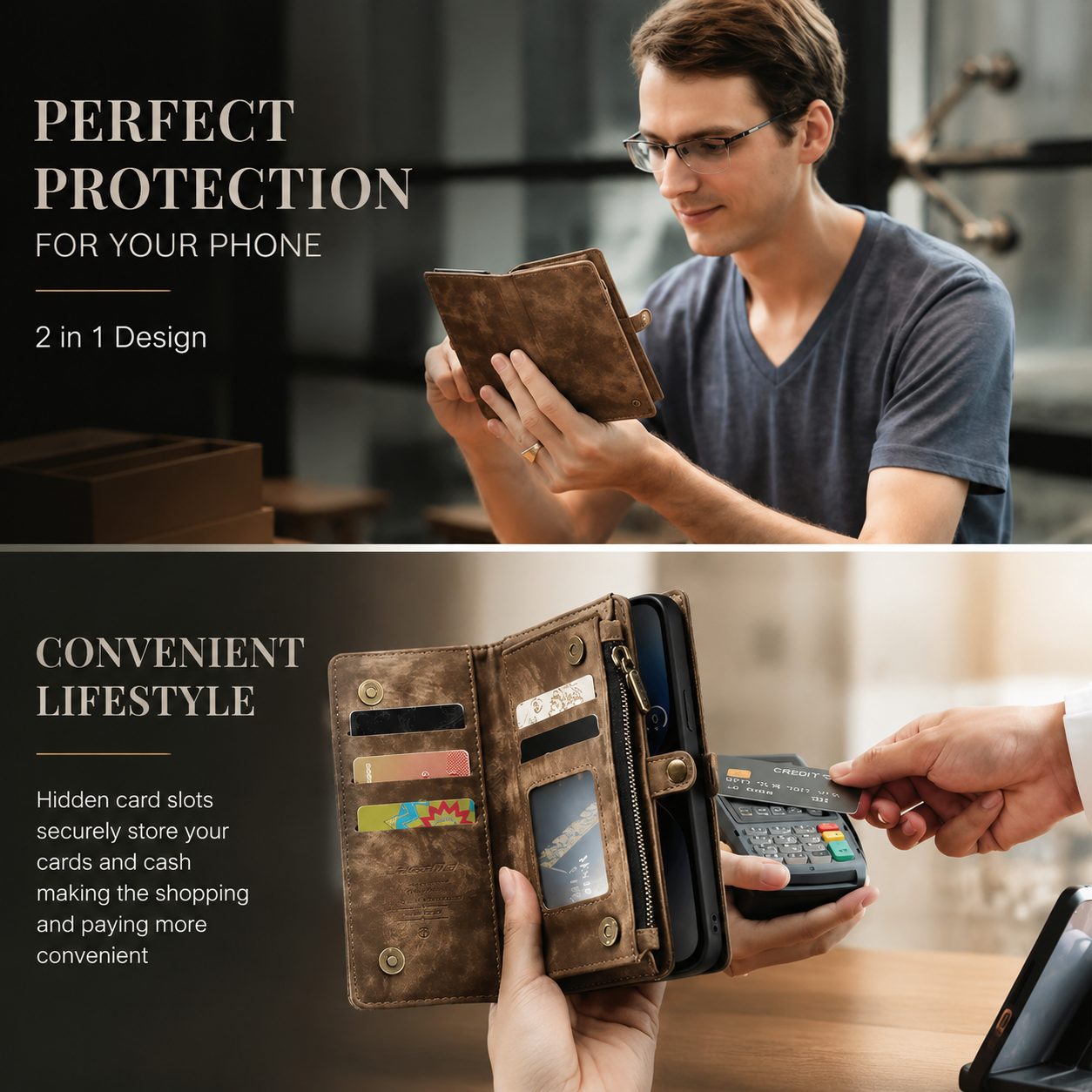 Premium Luxury iPhone Case Removable Magnetic Wallet Cover 8 Card Holder Metal Zipper Faux Leather Kickstand Lanyard Protective Durable Design