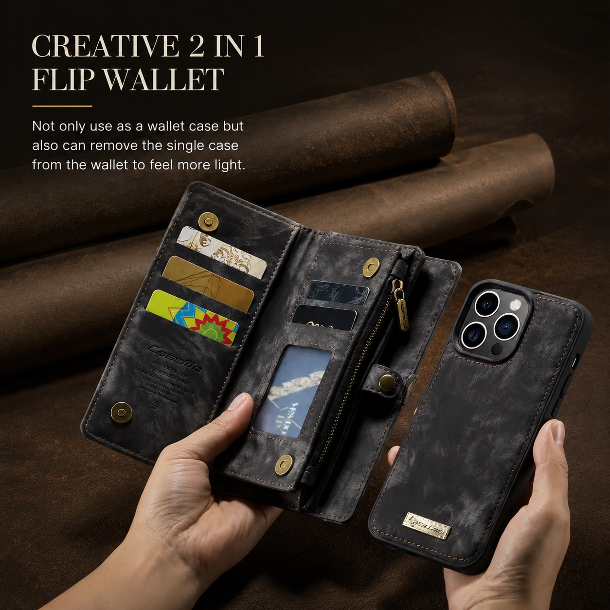 Premium Luxury iPhone Case Removable Magnetic Wallet Cover 8 Card Holder Metal Zipper Faux Leather Kickstand Lanyard Protective Durable Design