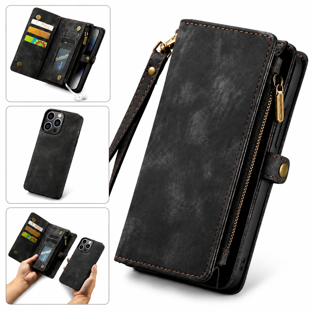 Premium Luxury iPhone Case Removable Magnetic Wallet Cover 8 Card Holder Metal Zipper Faux Leather Kickstand Lanyard Protective Durable Design