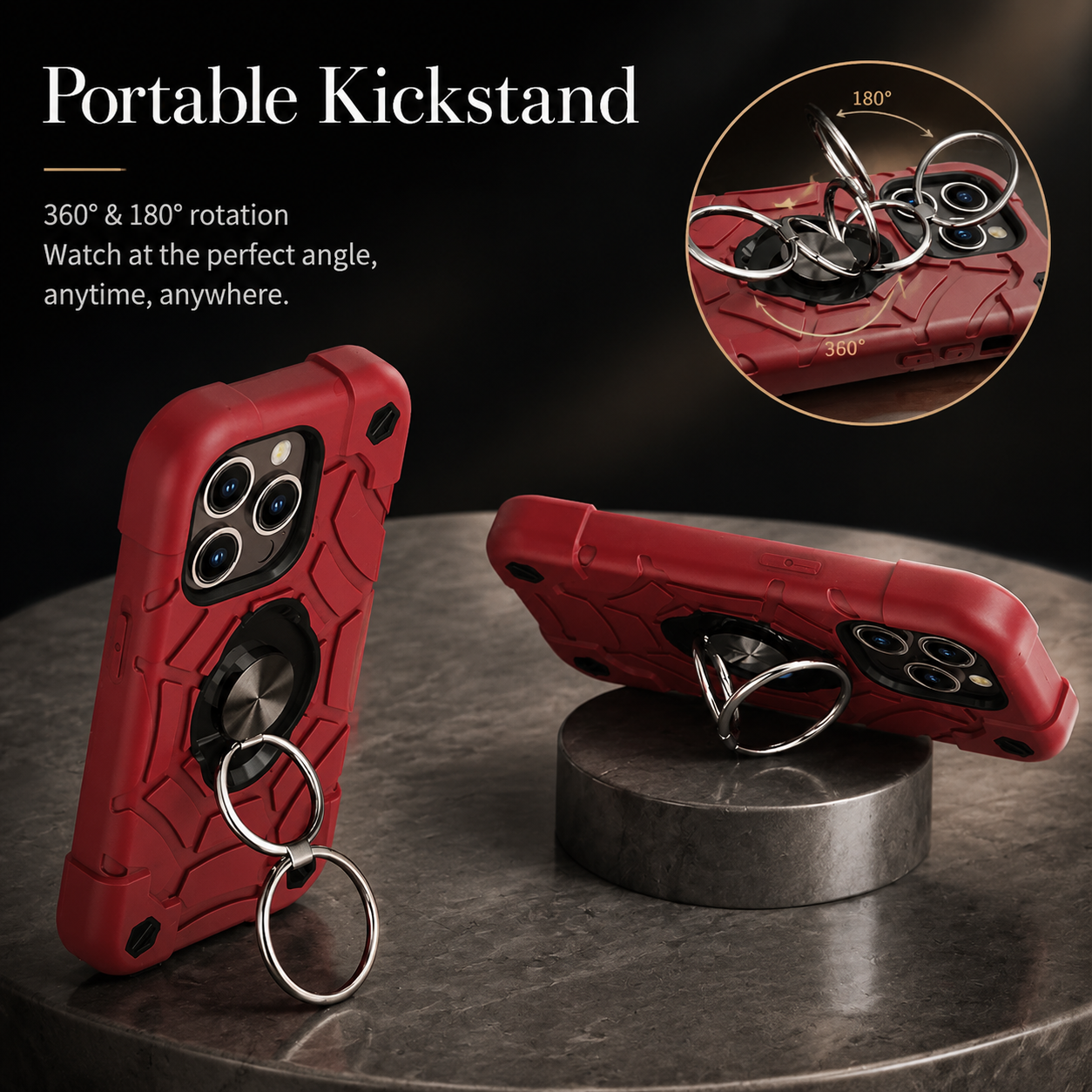 Premium Luxury iPhone Case Rugged Military Armor Cover Dual Layer Shockproof Kickstand Ring Holder Anti Slip Grip Full Protection Design Finish