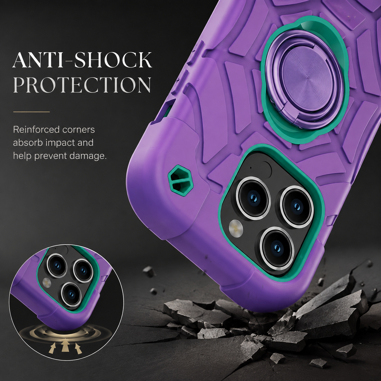 Premium Luxury iPhone Case Rugged Military Armor Cover Dual Layer Shockproof Kickstand Ring Holder Anti Slip Grip Full Protection Design Finish