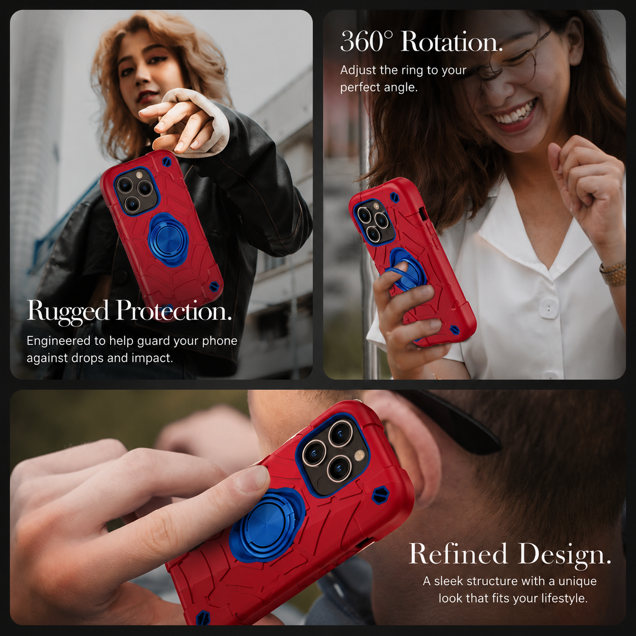 Premium Luxury iPhone Case Rugged Military Armor Cover Dual Layer Shockproof Kickstand Ring Holder Anti Slip Grip Full Protection Design Finish