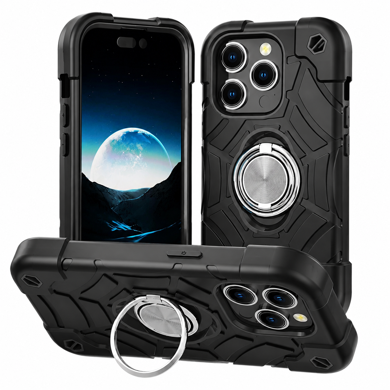 Premium Luxury iPhone Case Rugged Military Armor Cover Dual Layer Shockproof Kickstand Ring Holder Anti Slip Grip Full Protection Design Finish