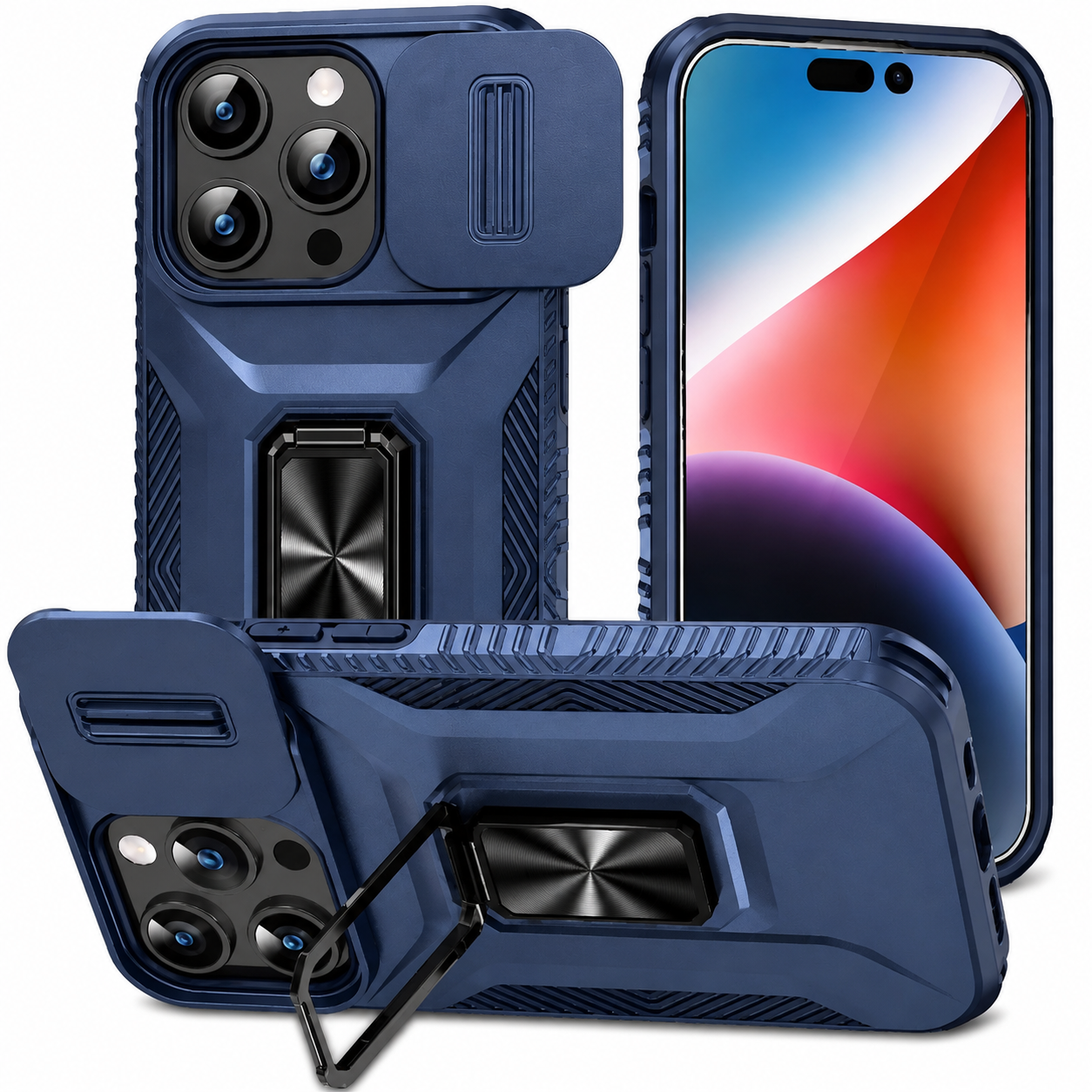 Premium Luxury iPhone Case Shockproof Cover Full Body Protection Sliding Camera Lens Guard Rotary Stand Anti Slip Grip Durable Design Finish
