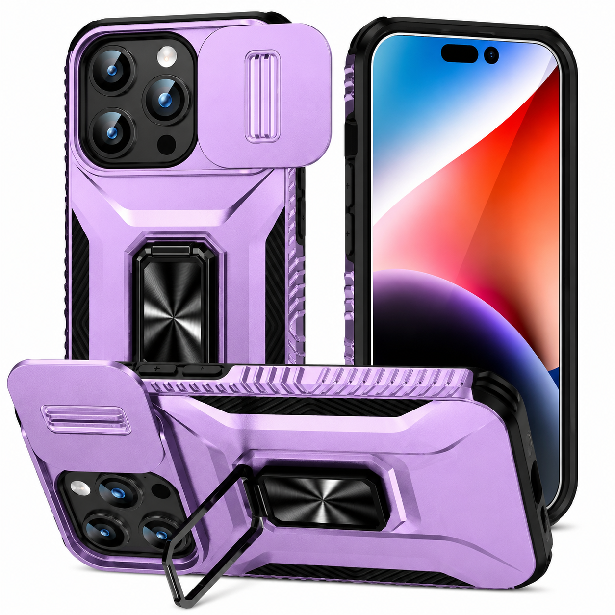 Premium Luxury iPhone Case Shockproof Cover Full Body Protection Sliding Camera Lens Guard Rotary Stand Anti Slip Grip Durable Design Finish