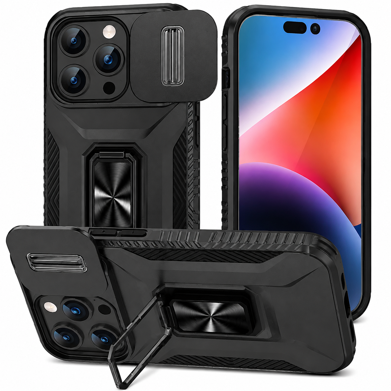 Premium Luxury iPhone Case Shockproof Cover Full Body Protection Sliding Camera Lens Guard Rotary Stand Anti Slip Grip Durable Design Finish