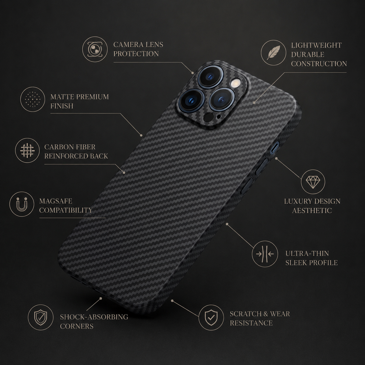 Premium Luxury iPhone Case Ultra Thin Carbon Fiber Matte Cover 0.2mm PP Back Lightweight Scratch Resistant Slim Minimalist Protective Design Finish