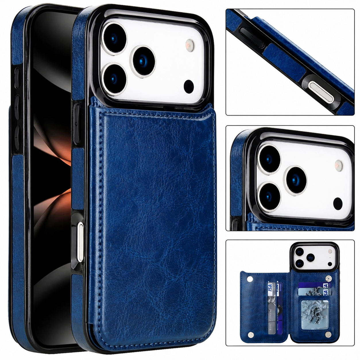 Premium Luxury iPhone Case Wallet Cover Card Holder Faux Leather Kickstand Double Magnetic Clasp Shockproof Soft Protective Durable Plain Design
