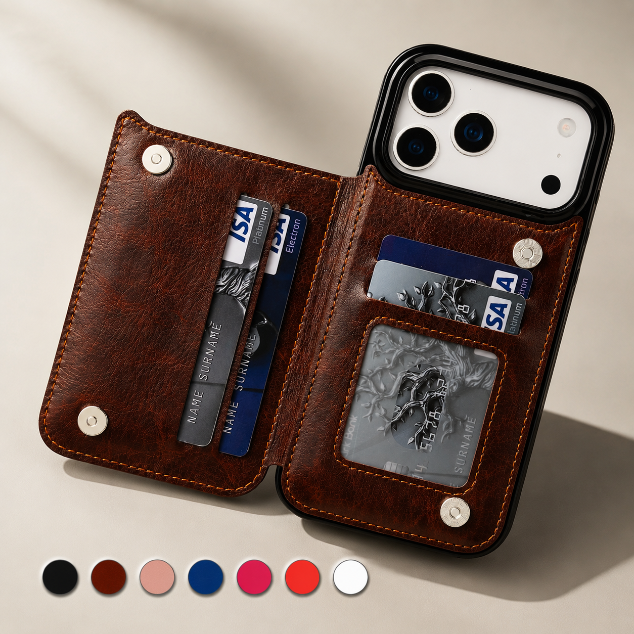 Premium Luxury iPhone Case Wallet Cover Card Holder Faux Leather Kickstand Double Magnetic Clasp Shockproof Soft Protective Durable Plain Design