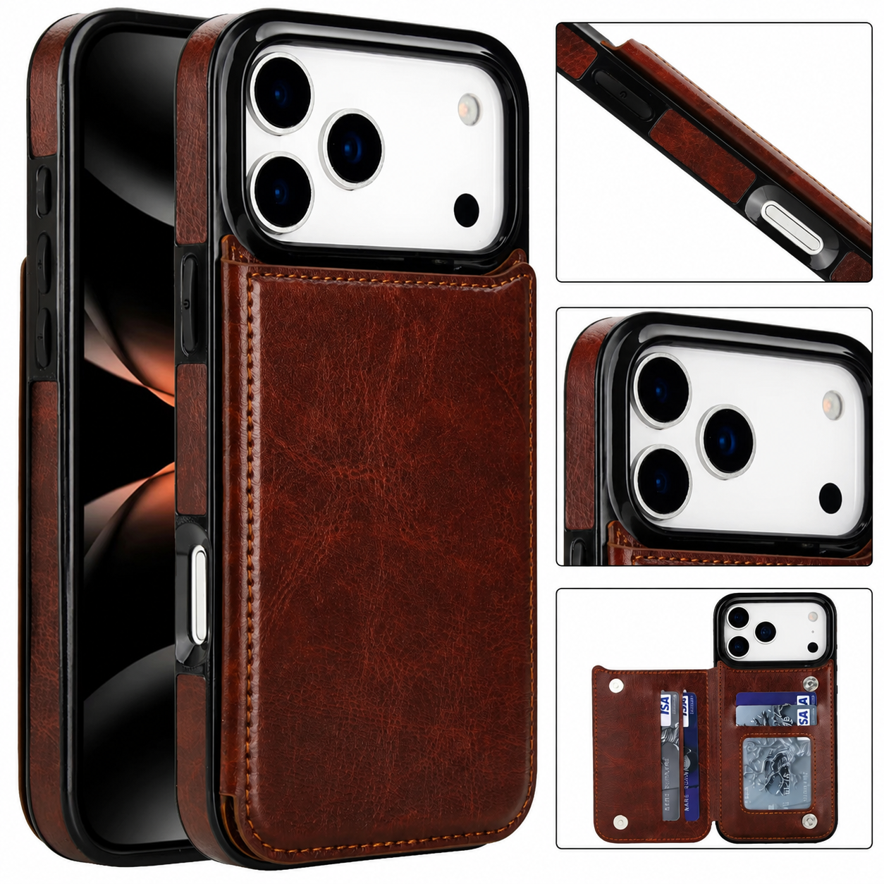 Premium Luxury iPhone Case Wallet Cover Card Holder Faux Leather Kickstand Double Magnetic Clasp Shockproof Soft Protective Durable Plain Design