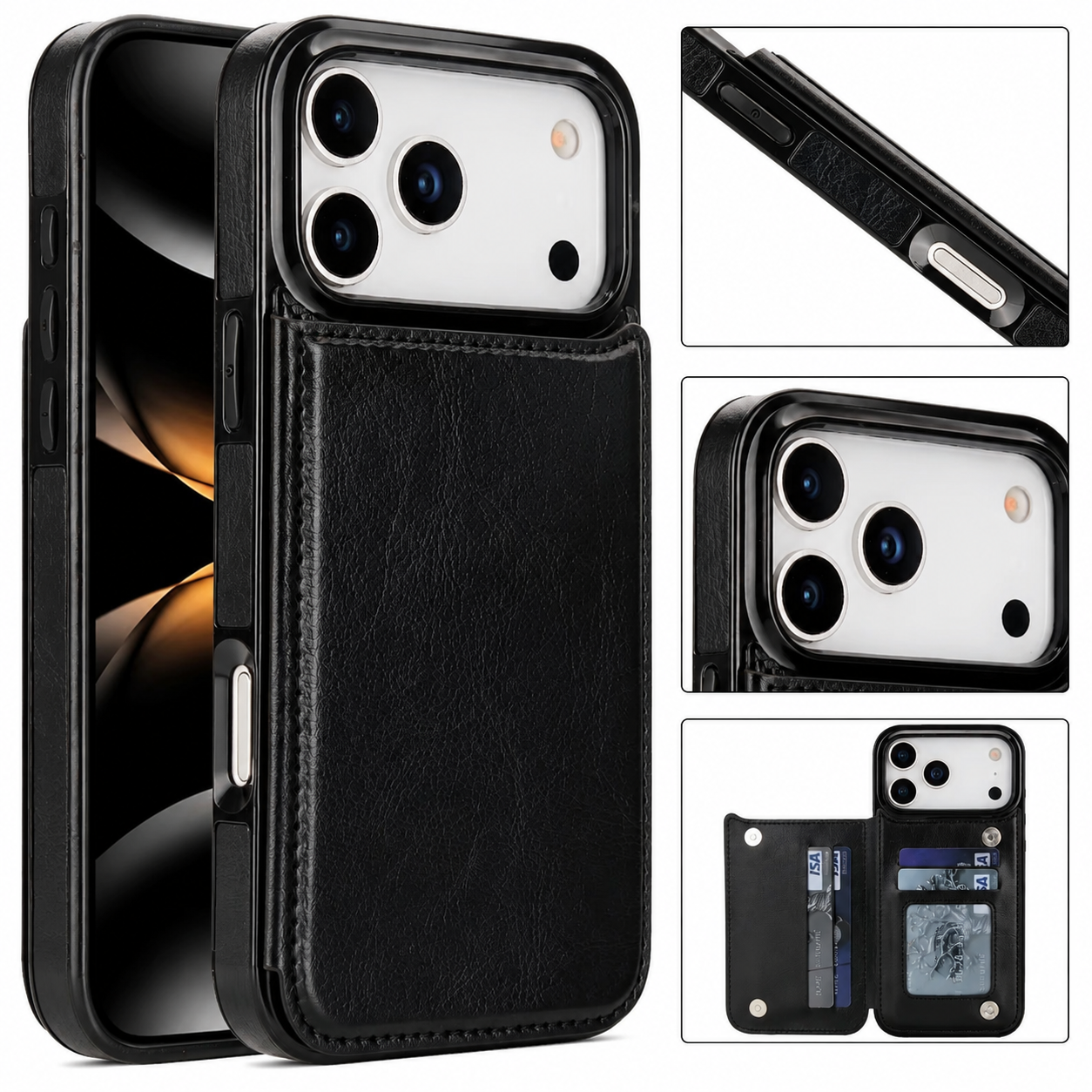 Premium Luxury iPhone Case Wallet Cover Card Holder Faux Leather Kickstand Double Magnetic Clasp Shockproof Soft Protective Durable Plain Design